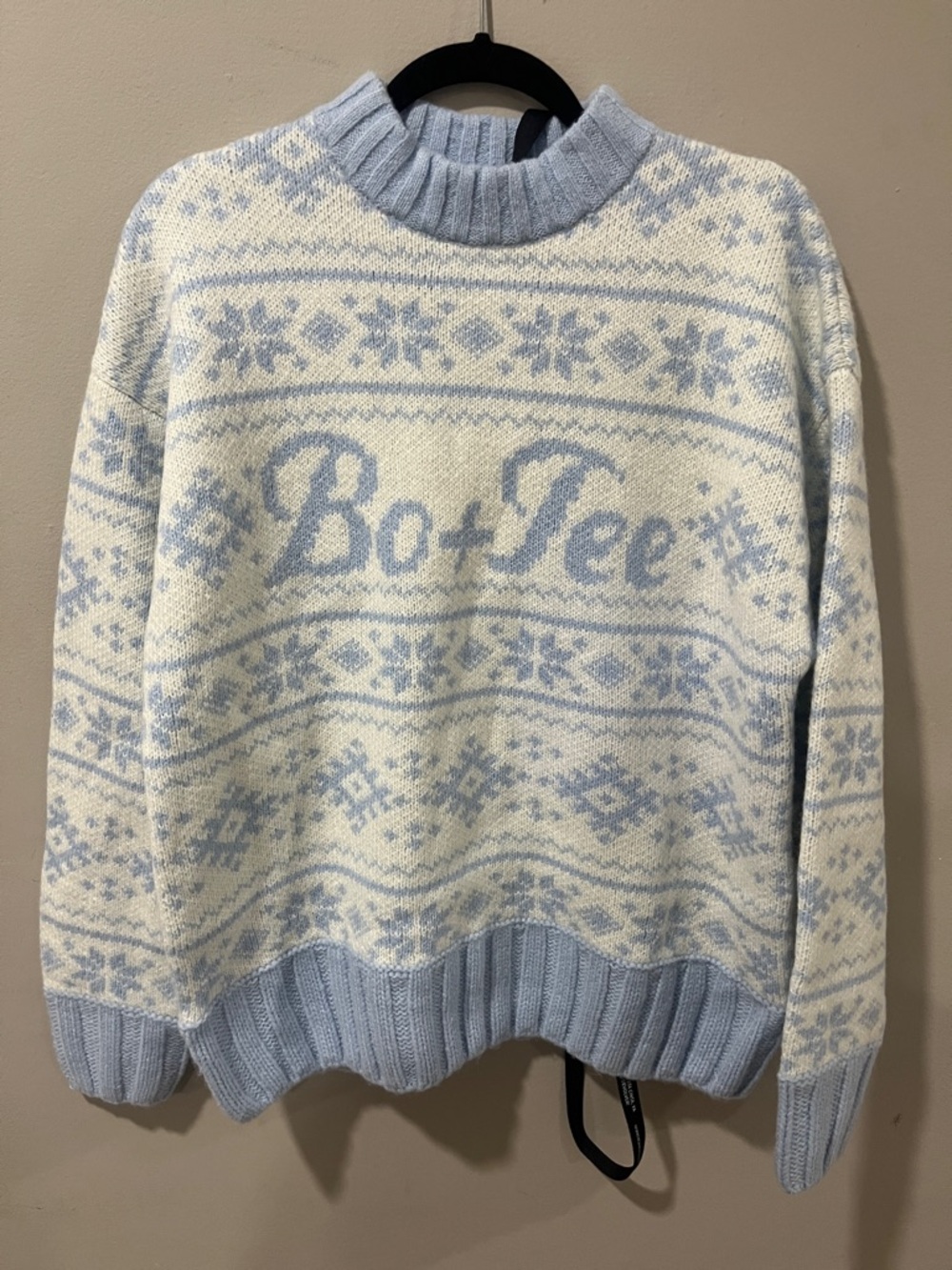 Bo+Tee Women's Light Blue & Cream Fair Isle Oversized Cowlneck Sweater